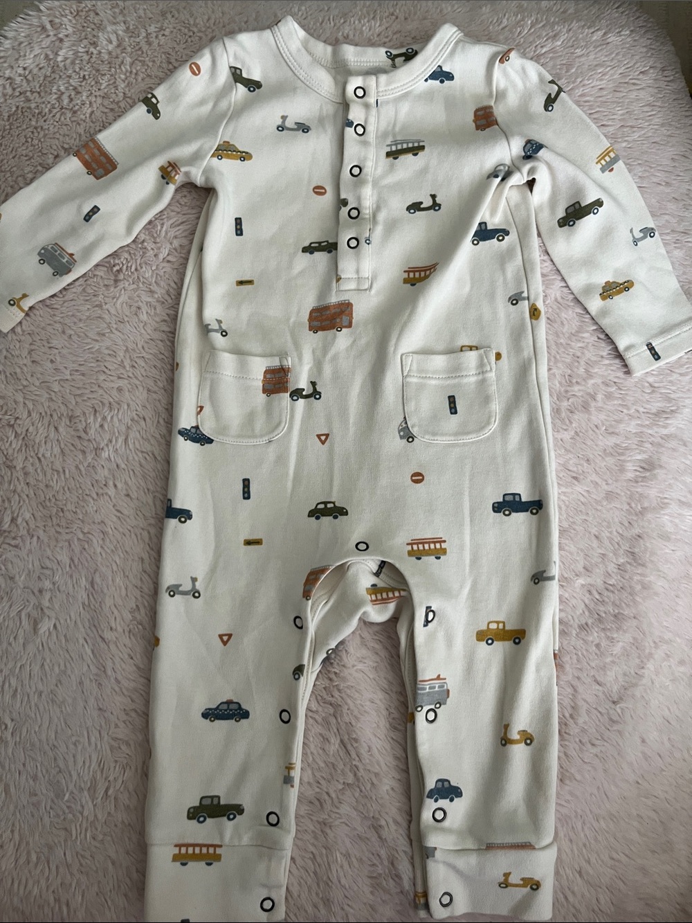 Pehr Cream Long-Sleeve Baby One-Piece with Vehicle Print